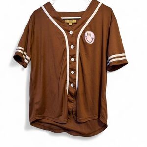 Brown Button-Up Shirt with Smile Patch